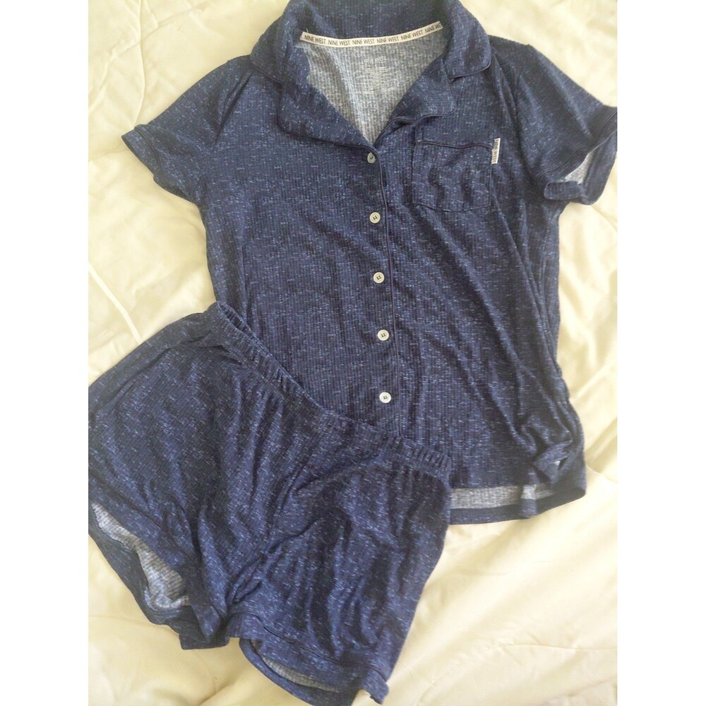 Nine West Sleepwear Women’s Blue Ribbed Solid 2pc Collared Button Top & Shorts M
